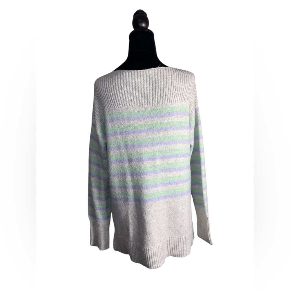 Ann Taylor LOFT Tunic Sweater Sz M Gray Aqua Blue Stripe Wool Blend Boat Neck - Picture 4 of 9